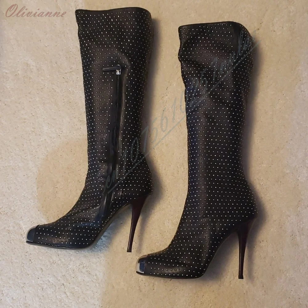

Black Many Rivets Decor Mid Calf Boots Metal Round Toe Stiletto High Heel 2026 Fashion Sexy Shoes for Women Side Zipper Decor