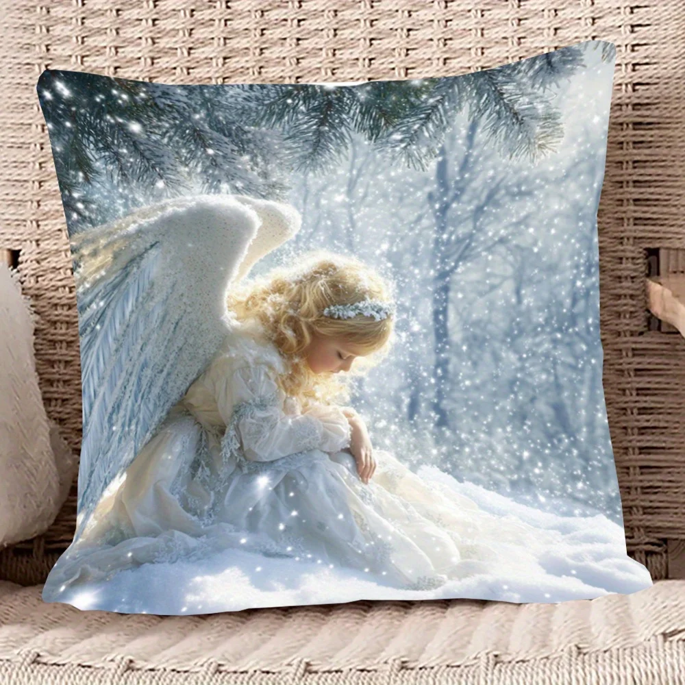 Waiting in Heaven Snowy Background Double Sided Pillowcase Merry Christmas Home Decor Zippered Cushion Cover Living Room Bedroom