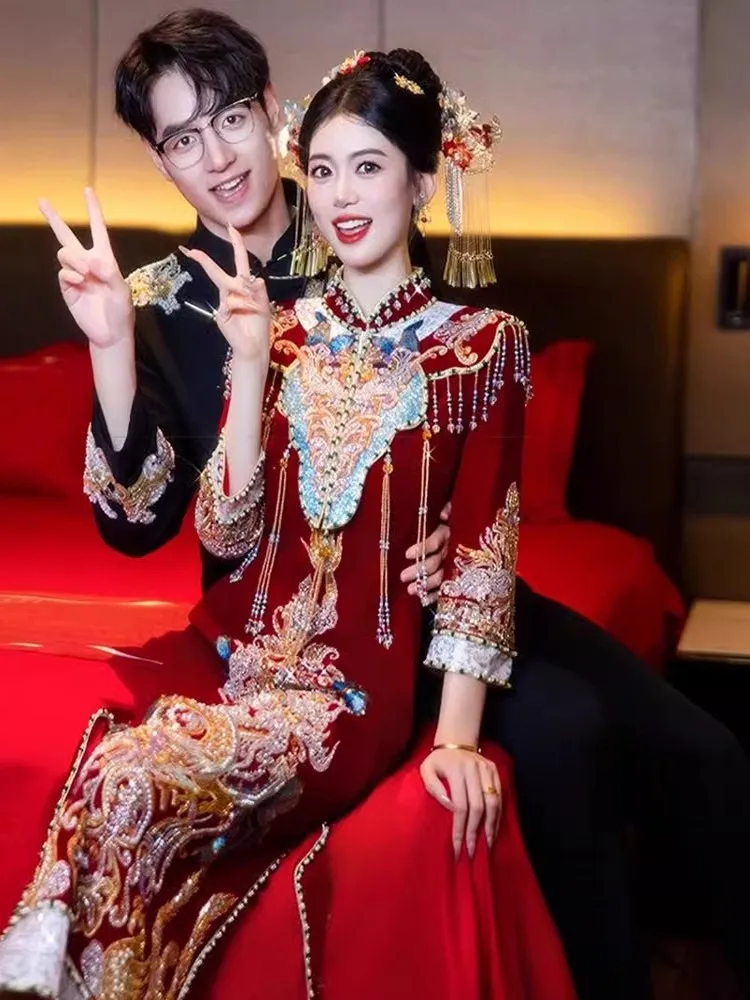 

Бархатное свадебное платье Cheongsam, новое платье в китайском стиле, тост дракона и феникса для церемонии