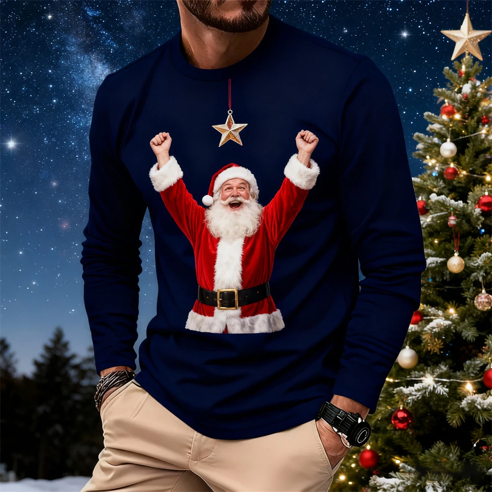 Christmas Autumn Collection Men's Long-Sleeve Hoodie 3D Playful Santa Claus Print Crew Neck Oversized T-Shirt Christmas Costumes