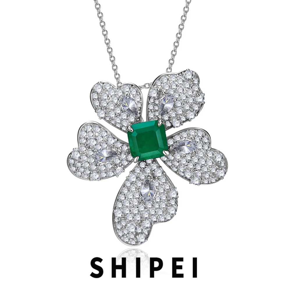 

SHIPEI Vintage 925 Sterling Silver Emerald White Sapphire Gemstone Flowers Pendant Necklace For Women Fine Jewelry Wholesale