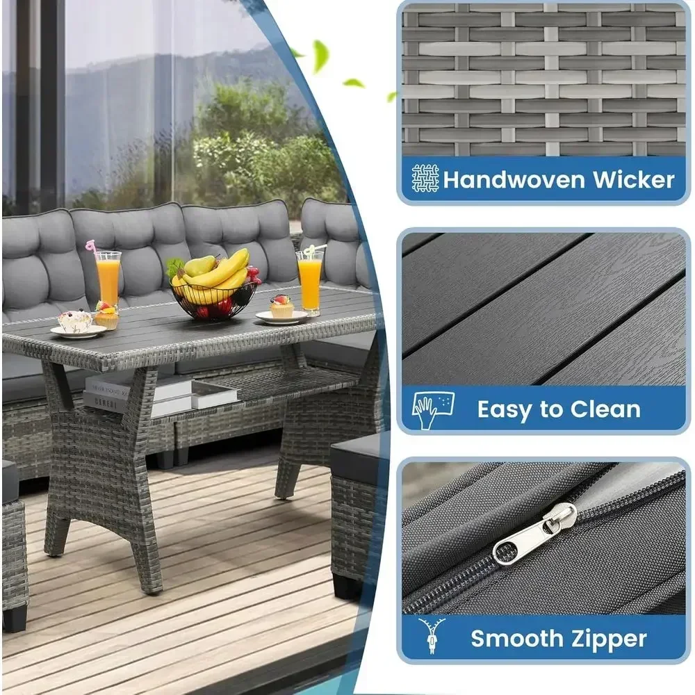 6-Piece Outdoor Sectional Sofa Set with Dining Table, Weather-Resistant Cushion Covers, Perfect for Garden, Porch, Backyard in G