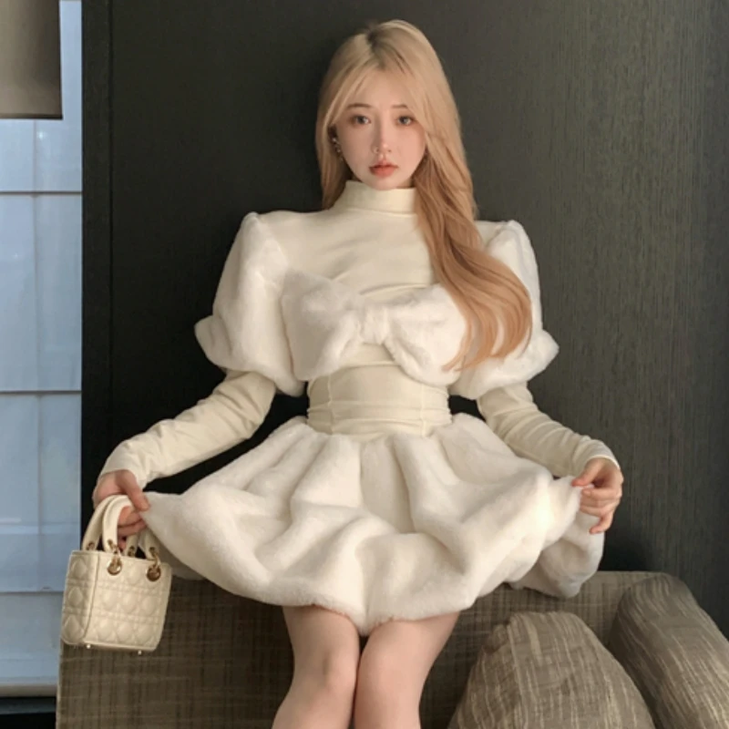 Winter Sweet Half High Collar Lolita Dress Women Elegant Plush Patchwork Bow Party Mini Dresses Korean Style Casual Slim Dresses