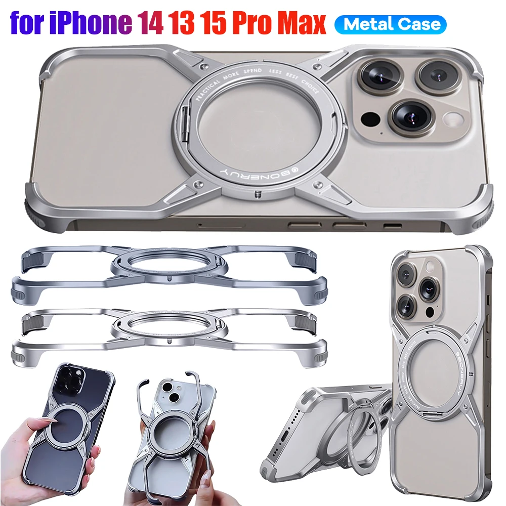 Aluminium Alloy Magnetic Frameless Phone Case 360° Stand Bezel Less Metal Slim Hard Shockproof Case for iPhone 14 13 15 Pro Max