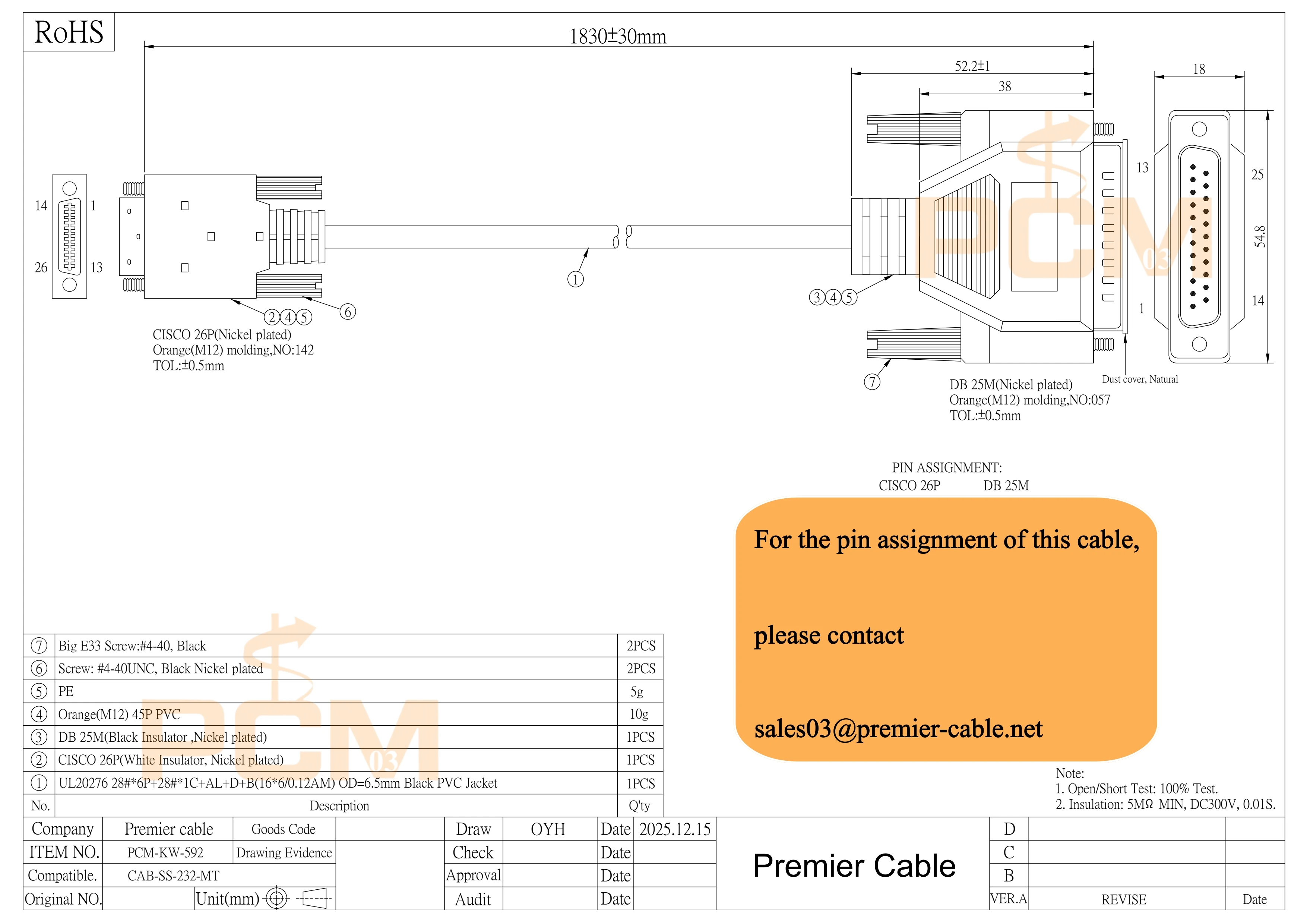 Cisco Compatible CAB-SS-232MT Smart Serial 26pin to DB25 RS232 DTE WAN Interface Cable for Cisco HWIC WAN Cards Network Devices