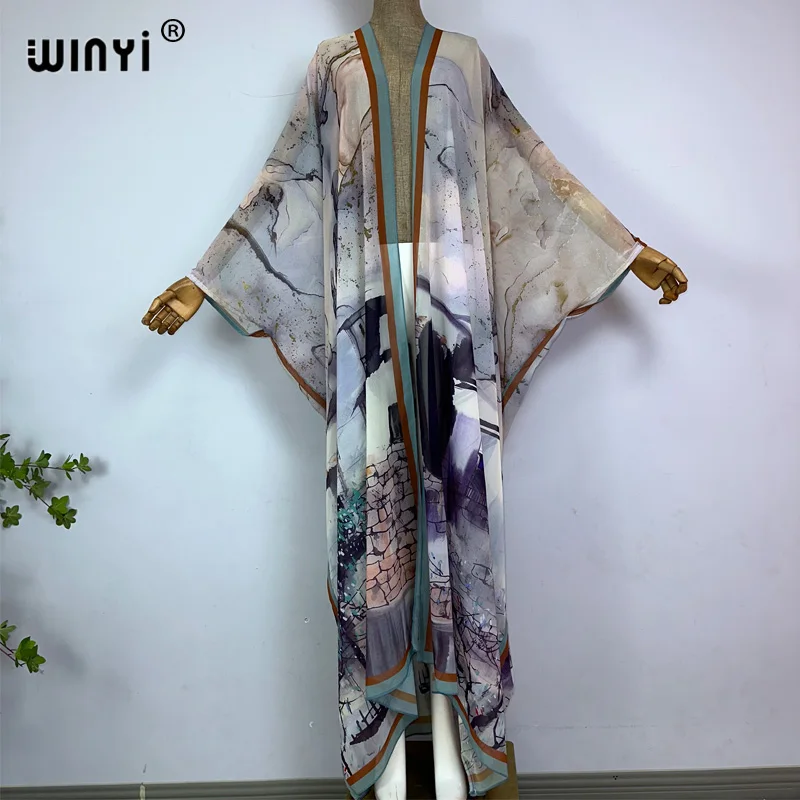 WINYI kimono Europe summer boho print Bikini Cover-up Elegant fashion Cardigan sexy Holiday long Sleeve silk feeling maxi dress