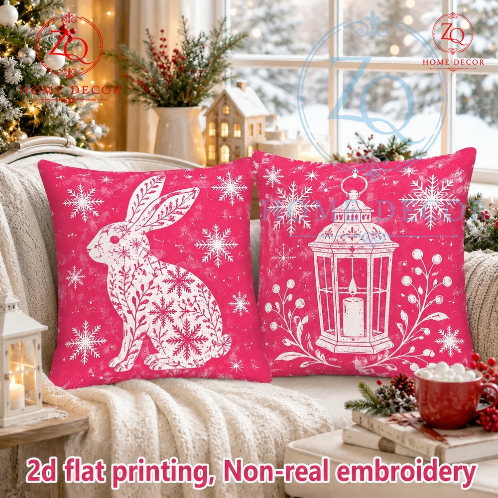 Vintage Christmas Pink Rabbit  Lantern Throw Pillow Covers Rustic Farmhouse Winter Holiday Cushion Cases for Sofa Porch Decor