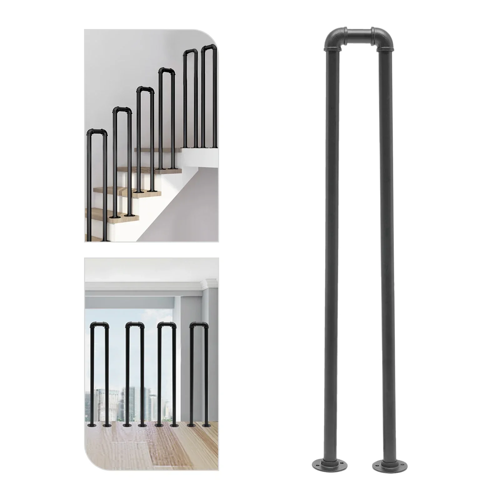 Black U-Shaped Stair Handrail Iron Railing, Non-Slip Safety for Indoor or Outdoor