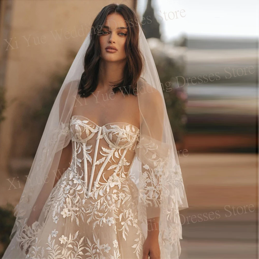 Gaun pernikahan wanita garis A Sweetheart menawan 2024 gaun pengantin applique renda gaun tanpa lengan bahu Vestidos Femenino