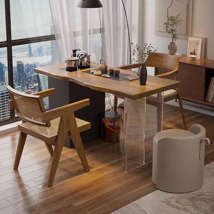 ！@Felluco 2025 Solid Wood Coffee Table Modern Design with Integrated Embedded Kettle for Home Living Room or Balcony