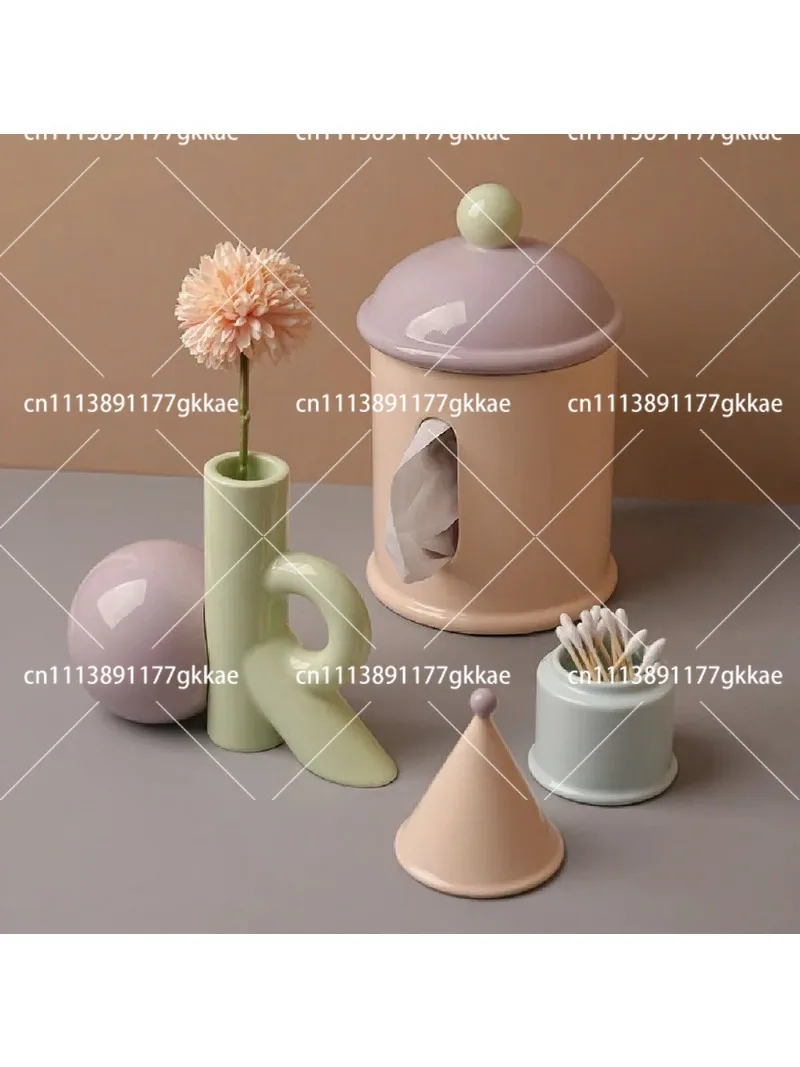 Ceramic Multifunctional Tissue Box Vase Floss Holder, Desktop Storage Organizer for Home Office Decor