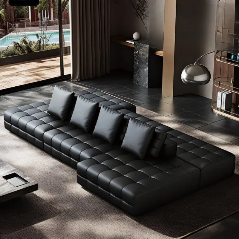 Italian minimalist double-sided, leather sofa modern simple large flat-floor villa horizontal hall mobile module combination