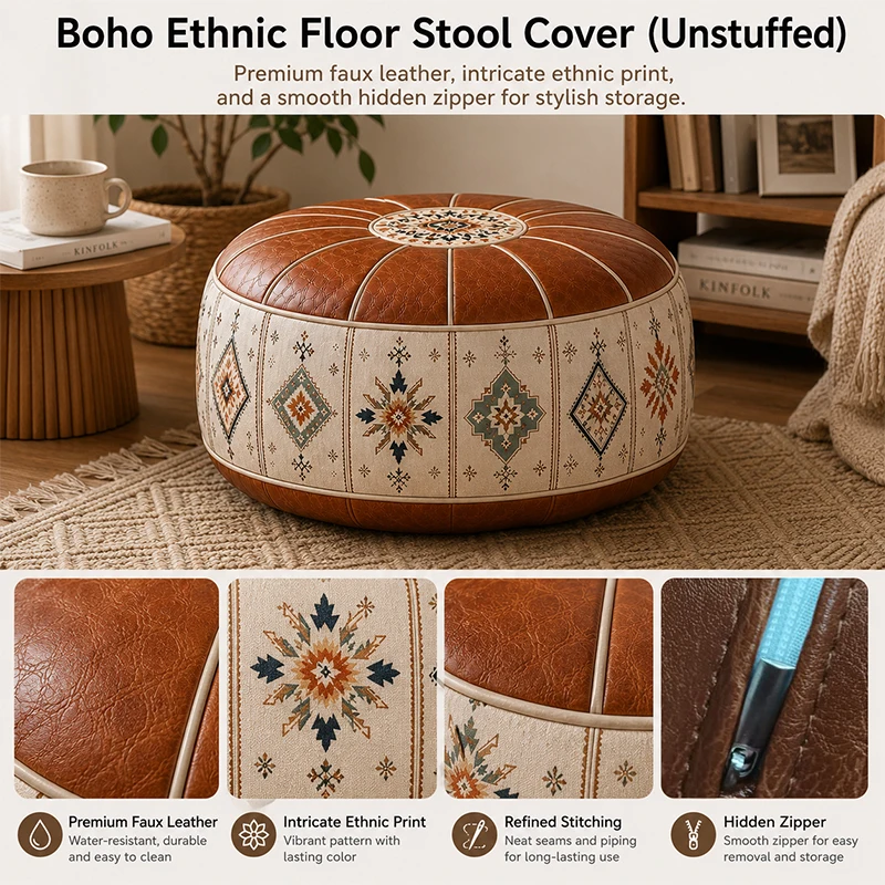 Boho Moroccan Ottoman Pouf Cover Leather Footstool Cover Water Resistant Fillable Floor Seat Cushion Large Opening Home Decor