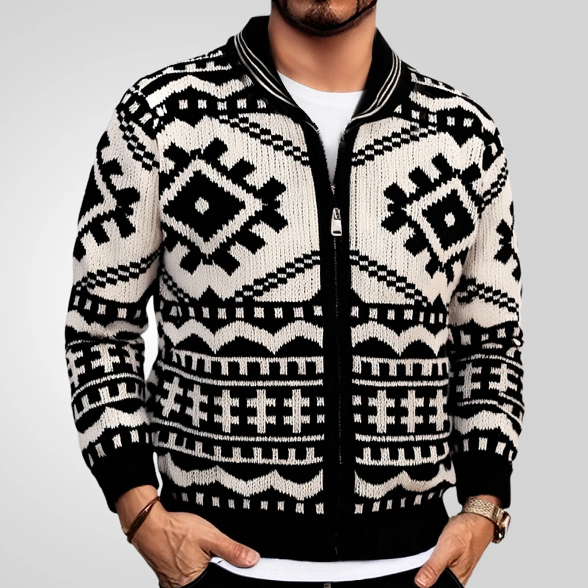 

Men's Autumn and Winter Men's Jacquard Knitted Jacket Lapel Long Sleeve Jacket Sweater