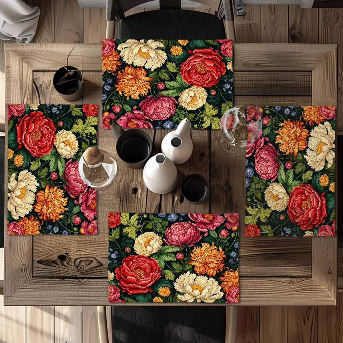 Gorgeous Floral Pattern Polyester Placemats & Coasters - Stylish Table Linens for Home Dining, Kitchen and Daily Use