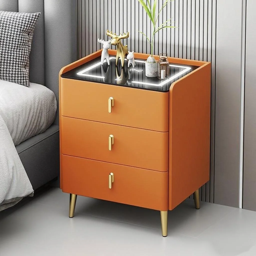 【Hot】Smart Wooden Bedside Table with Wireless Charging Modern Style Faux Leather Bedroom Nightstand with 3 Drawer Storage Cabine