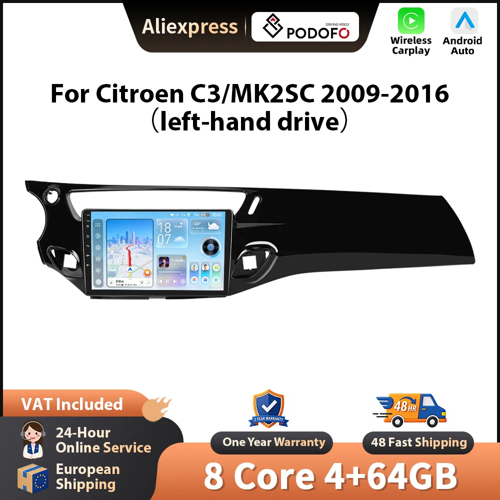 Autoradio Podofo per Citroën C3/MK2SC 2009-2016 con CarPlay Wireless per Apple e Android Auto, GPS, Navigazione, FM, WiFi, BT, Stereo, RDS, EQ, Unità di Controllo
