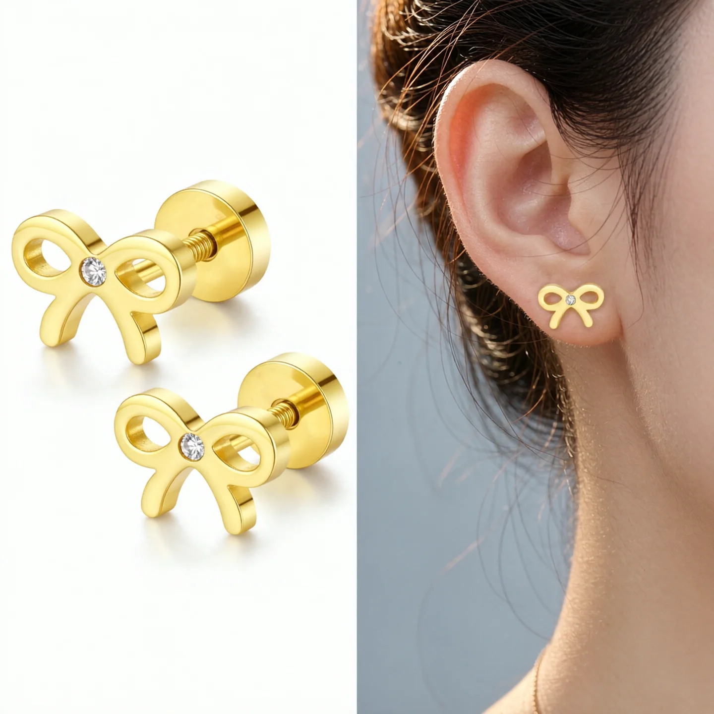 1Pair Bow Stud Earrings Stainless Steel Cut Design Screw Back Earrings Cute Delicate Small Ear Jewelry for Daily Wear