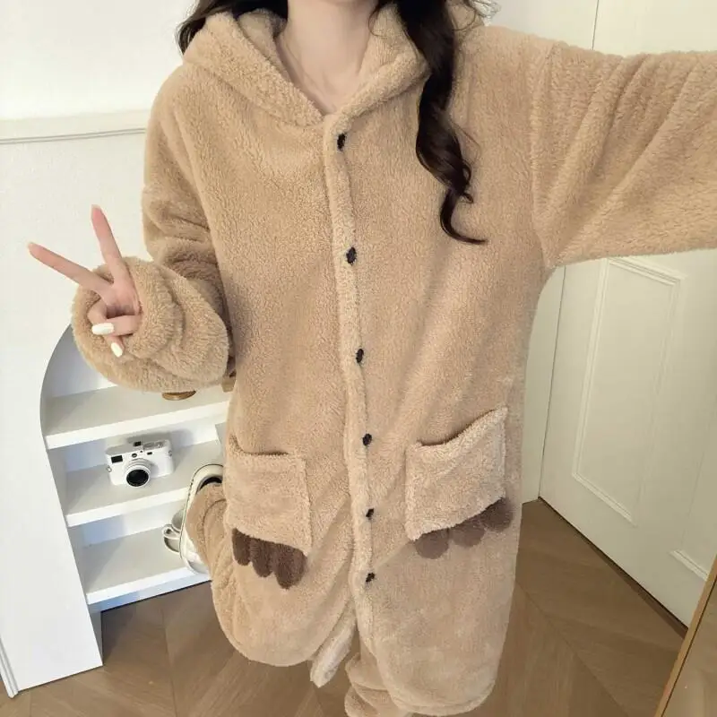 

winter Women's pajamas robe coral fleece Comfortable Sleepwear suit keep warm Pajama fleece-lined thicken loose girl homewear