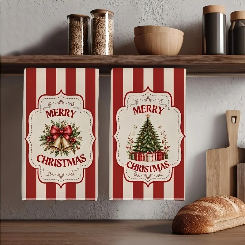 2-Pack Merry Christmas Kitchen Towels, Watercolor Red Striped Vintage Sign Bell Christmas Tree Gift Box Print Dishcloths, American Country-Style Holiday Decoration Tea Towels, Absorbent Waffle Kitchen Countertop Hand T