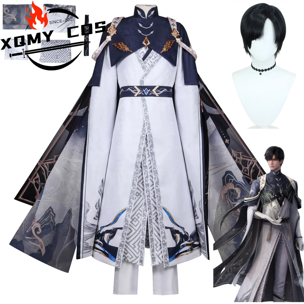 

XqGame Love and Deepspace Zayne Cardiac Surgeon Косплей Костюм Zaynie Китайский стиль Hanfu Плащ Пальто Костюм Парик Мужской праздничный комплект