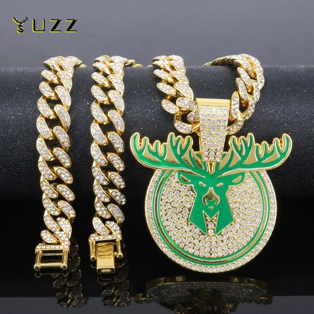 

Hip Hop Deer Head Pendant Necklace,with 13mm Crystal Cuban Chain HipHop Iced Out Bling Necklaces Men Women Animal Amulet Jewelry