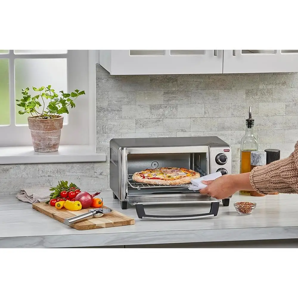 컴팩트 4슬라이스 토스터 오븐 베이킹 브로일 토스트 보온 기능 탈착식 부스러기 트레이 30분 타이머 스테인레스 스틸