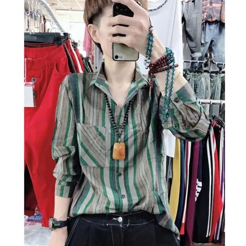 European Station 2023 Spring New Striped Shirt Women\'s Loose and Slim Versatile Long Sleeve Shirt Bottom Small Shirt Trendy