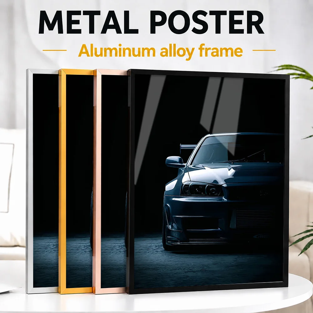 Blue Japanese R34 Sports Car Framed Metal Print Personalized Studio Graphic Wall Art For Garage Lounge, Racing Enthusiast Gift