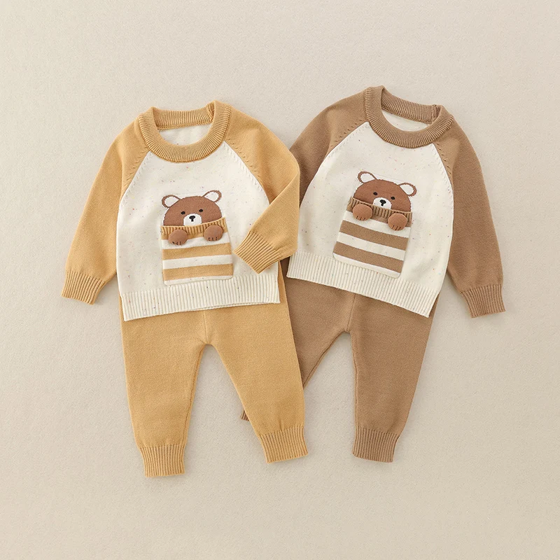 

Baby Boys' Knitted Sweater Set Lightweight Two-Piece Outfit Spring Autumn Cartoon Design Long Sleeve round Neck Cotton Clothes
