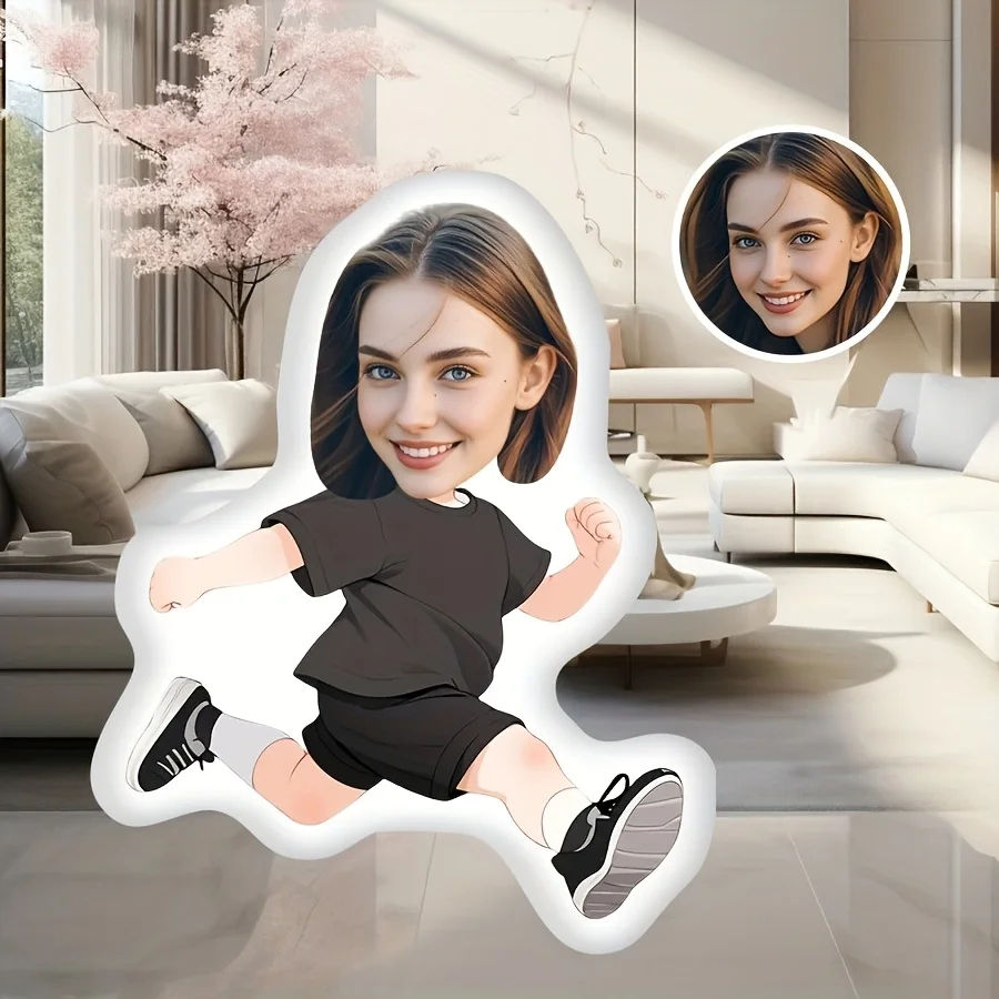 Customized face pillow with personalized runner design, available on both sides, machine washable, polyester fiber, suitable for