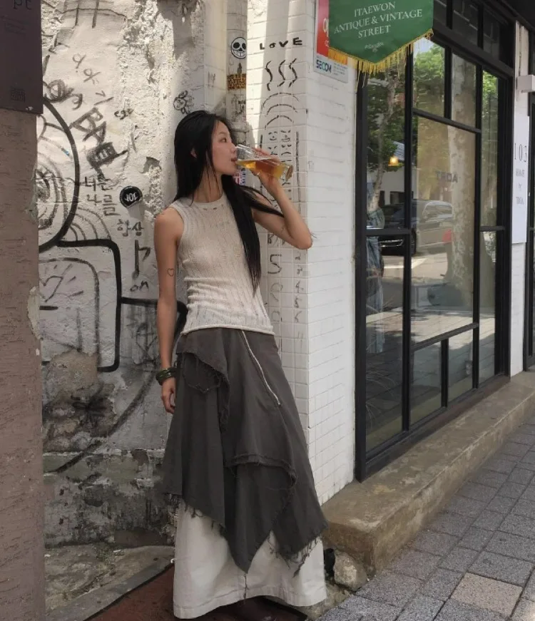 Harajuku Vintage Casual Skirt for Women Early Autumn Irregular Mid-length Women's Skirts Subcultural Y2k New Clothes Maxi Long