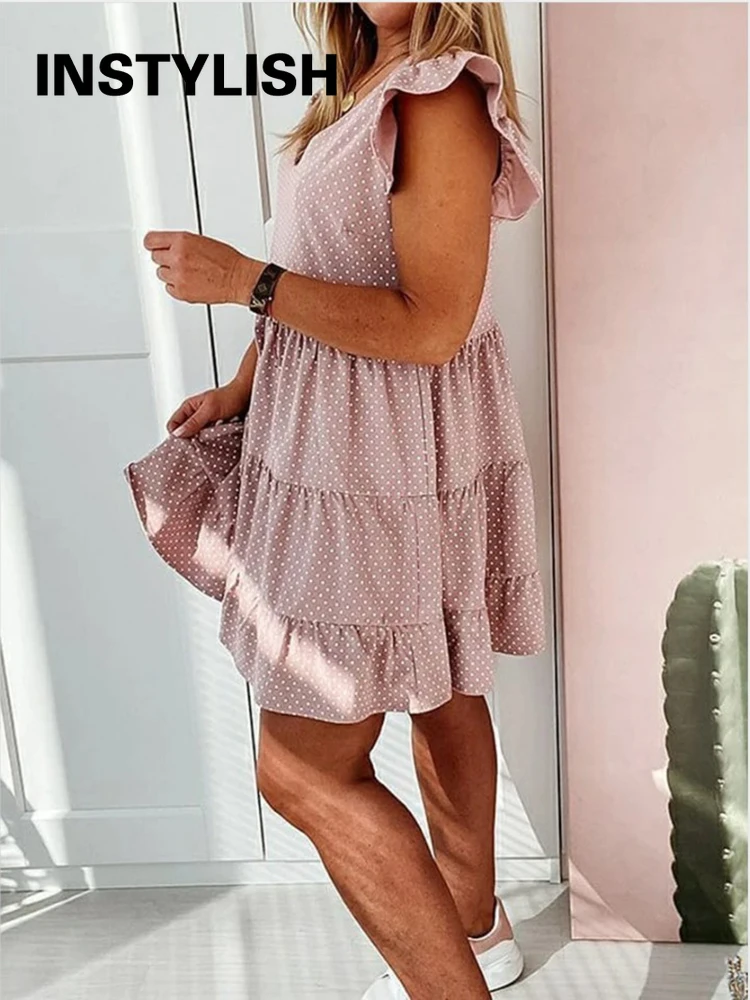 Eleganckie V Neck Ruffles Polka Dot Mini sukienka Sexy kobiety bez rękawów czeski plaża linia Sundress Casual Chic stroje lato 2022