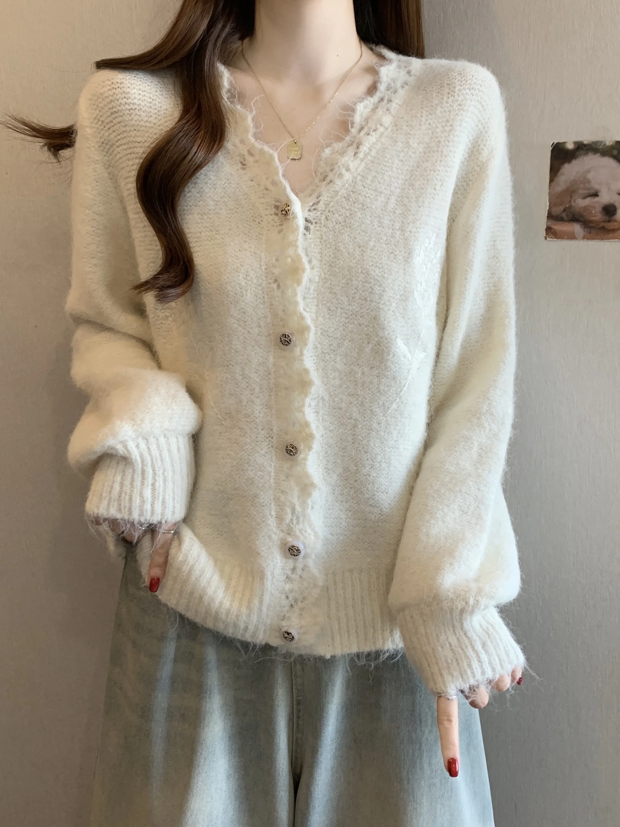 

plus Size V-Ne Long Sve Knitted Open Cardigan Women's Spring Autumn Loose Slimming Embroidered Top Sweet Sle Princ Fit