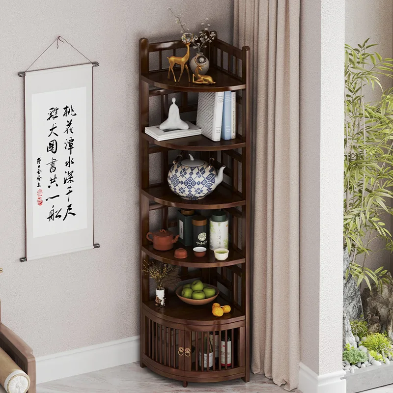 Solid Wood Corner Display Cabinet, New Chinese Style Multi-Tier Storage Shelf for Living Room