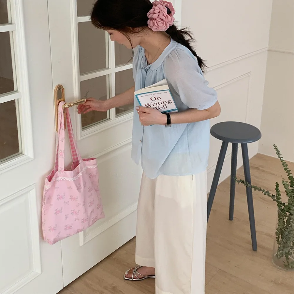 Pink Floral Canvas Shoulder Bag Handbag Korean Travel Beach Bag Double-sided Shopping Totes Bag Girl Lace Underarm Bag