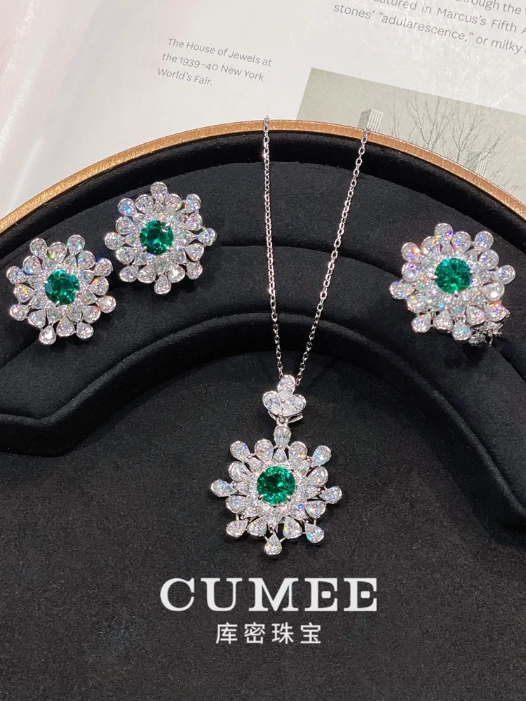 Cumee Star Sky Series CZ Necklace Women Luxury Design Cultivation Synthetic Emerald Necklace. 925 Silver Gold Plated