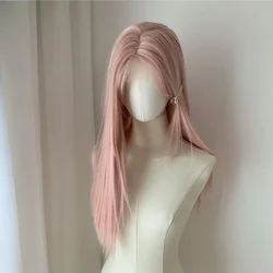 Pembe peruk uzun düz dantel ön peruk kadın doğa sentetik dantel peruk Cosplay günlük kullanım için isıya dayanıklı kafa bandı peruk