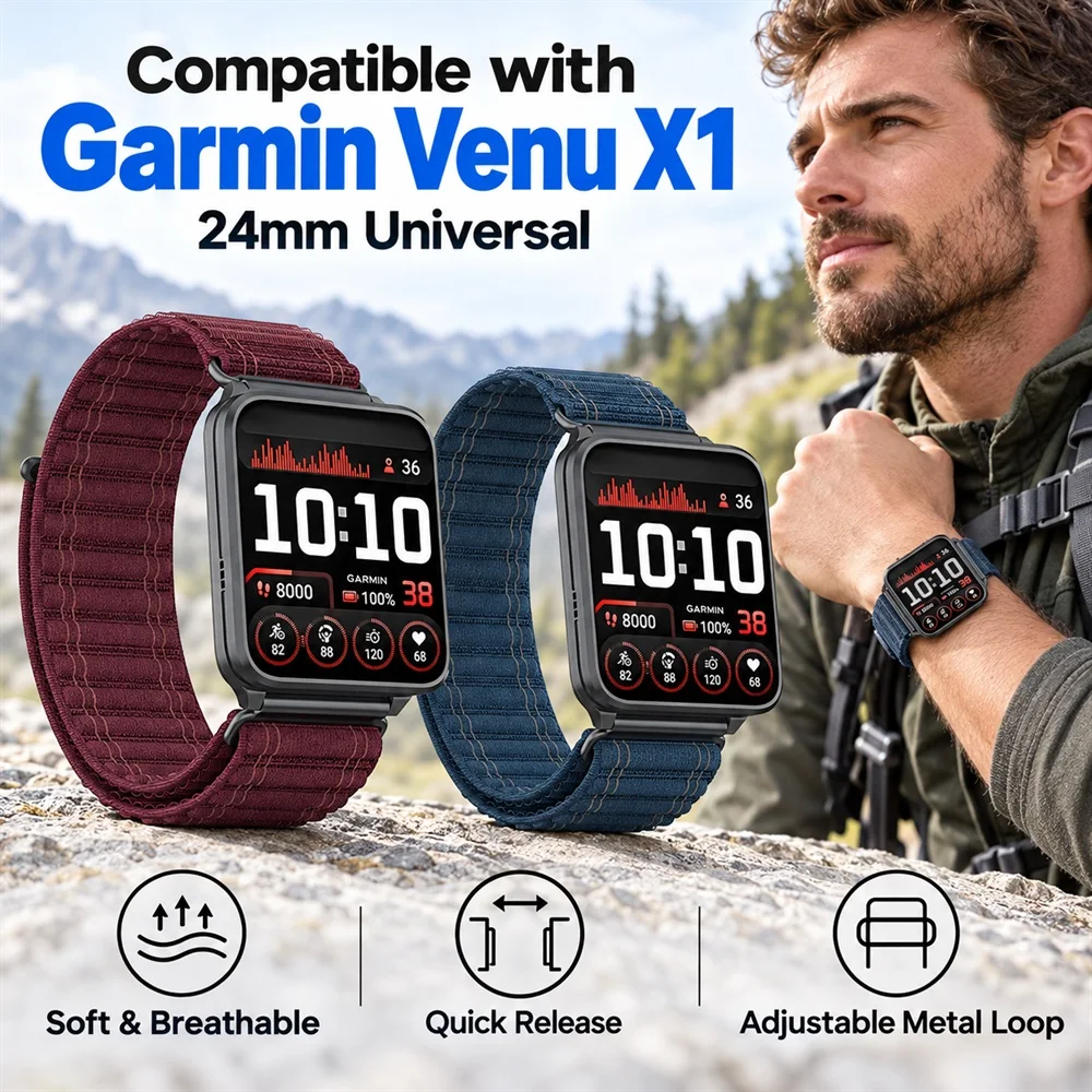 24mm Universal Nylon Watch Band Compatible with Garmin Venu X1 Band Quick Release Woven Sport Strap for Garmin Venu X1 Bracelet