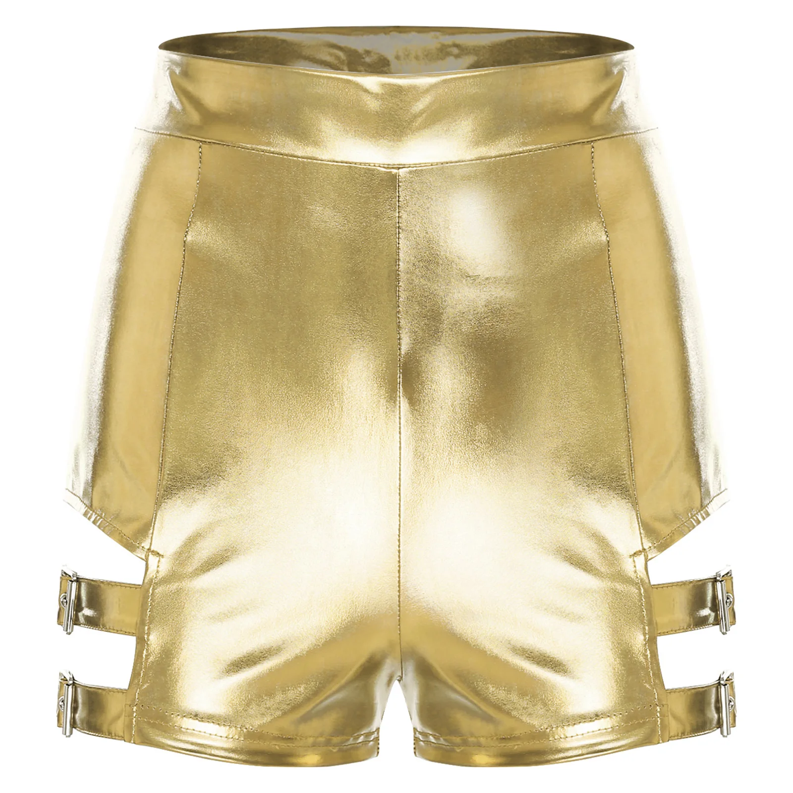 

Womens Metallic Shiny Shorts High Waist Thighs Cutout with Metal Buckles Hot Pants Booty Shorts for Jazz Dance Cheerleading Show