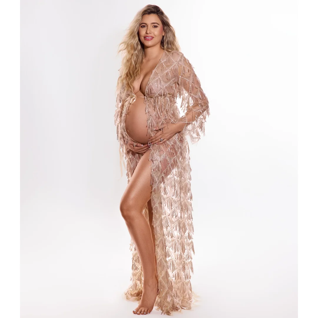 

See Thru Maternity Photoshoot Dress Sequin Tassels Prom Dress Customized Luxury vestido de novia Photography Props