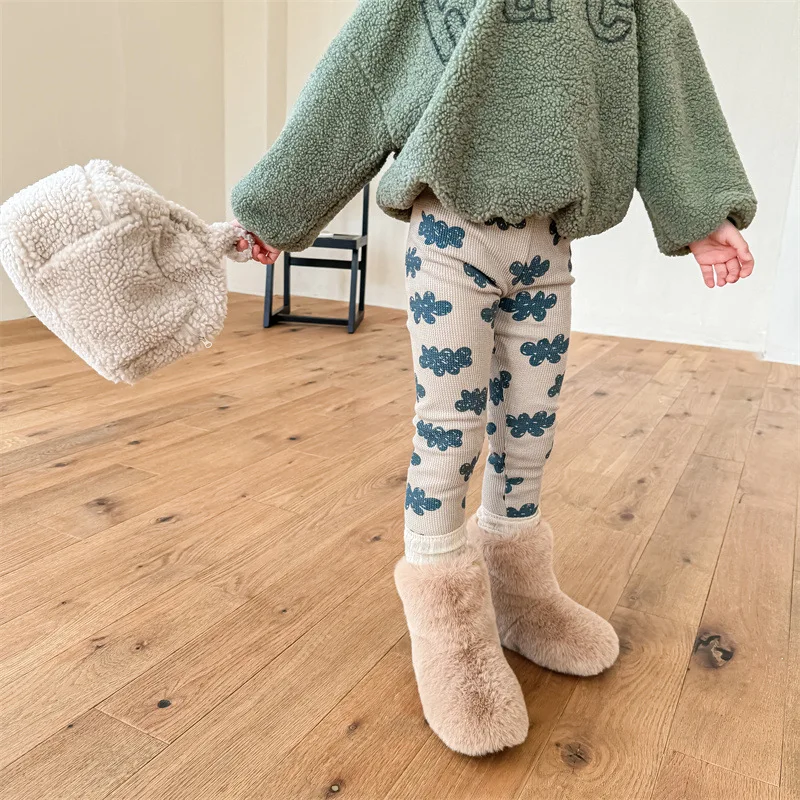 

Children Winter Korean Style Leggings Printed Plush Thickened Insulation Leggings Wearing Elastic Leggings on The Outside