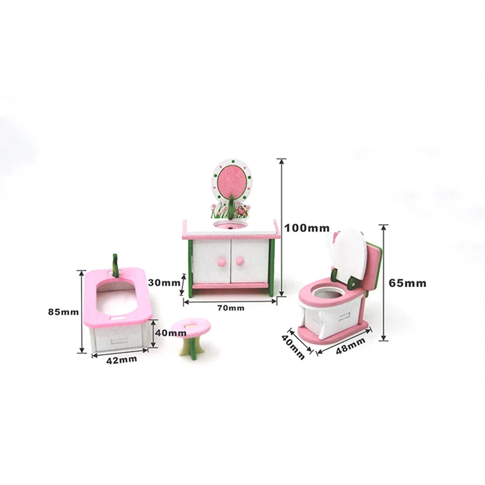 1/12 Dollhouse Miniature Wooden Washbasin Bathtub Toilet Chair Set Simulation Bathroom Model for Doll House Decoration ob11