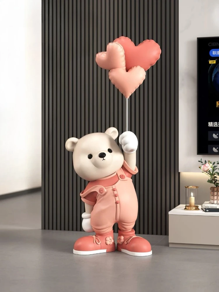 Cute Balloon Strap Pants Bear Floor Decoration Modern Home Large Welcome Ornament Cartoon Animal Statue Sculpture Birthday Gift