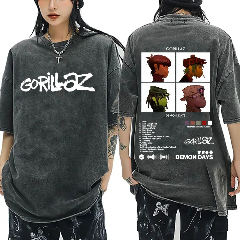 Washed Vintage Rock Band Gorillaz T Shirt Demon Days Album Graphic T-shirt Men Women Clothing Hip Hop Fashion Oversized T-shirts