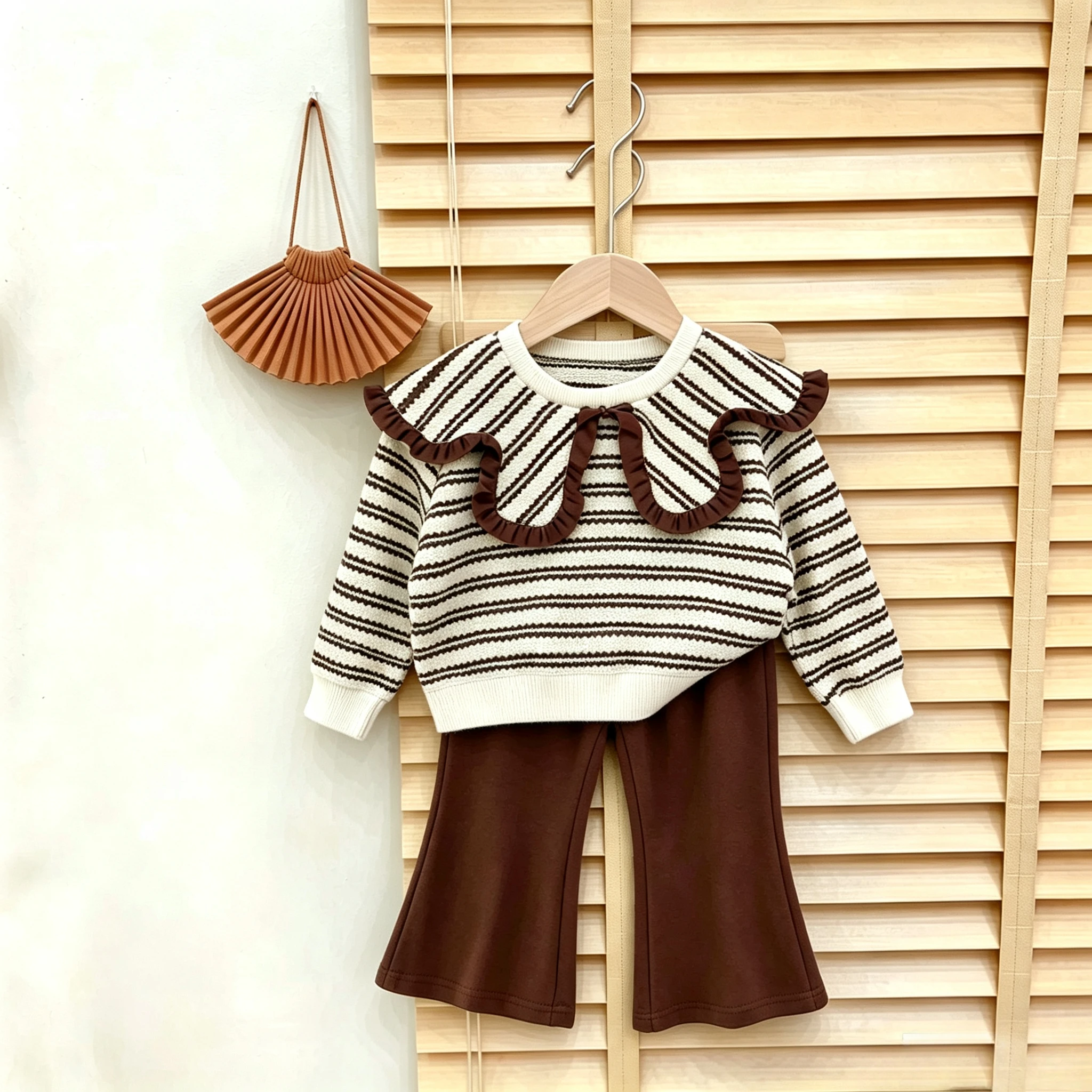 3-7 Year Old Cute Baby Girl Clothing Korean Version Fashion Children's Two-piece Set Long Sleeved Lapel Striped Top+Brown Pants