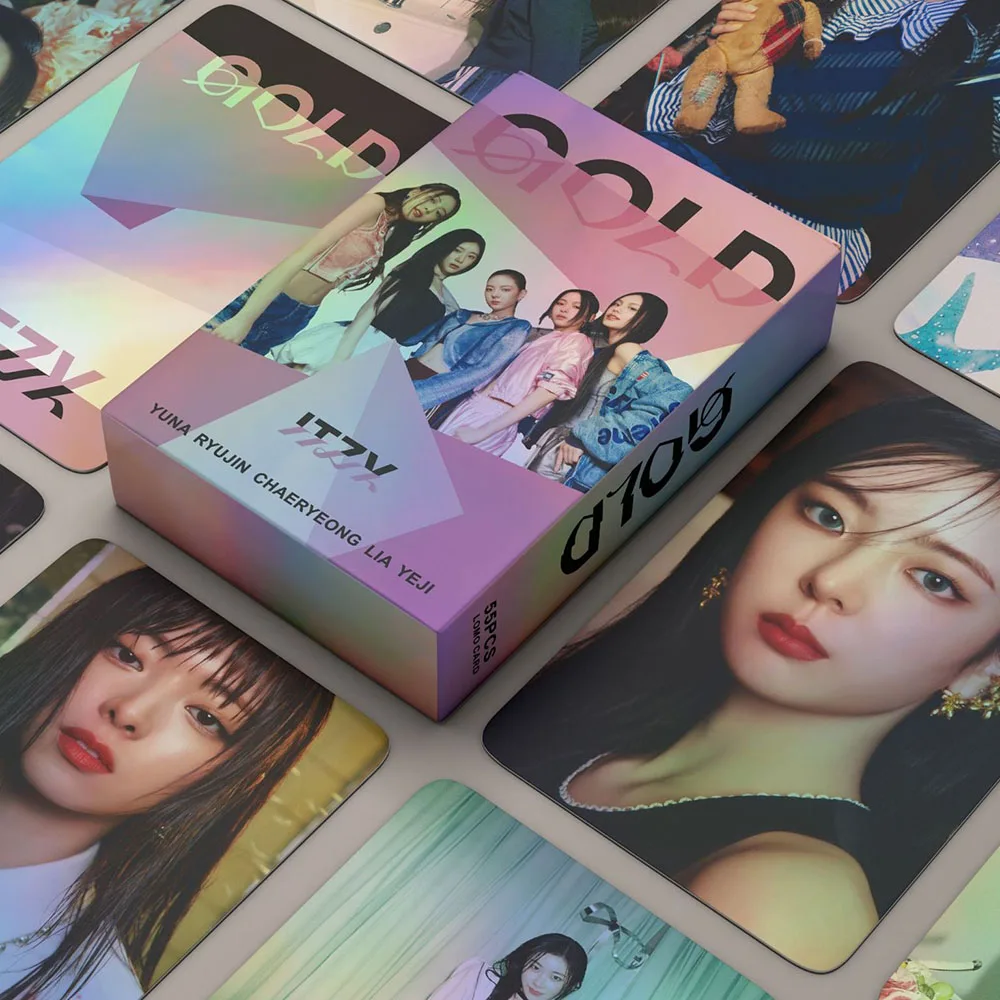 55Pcs/Set ITZY GOLD New Album Laser Lomo Cards Ryujin Yuna Chaeryeong HD Fashion Photocards Postcards Fans Birthday Collectibles