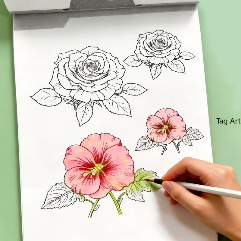 An Adult Stress Relieving Plant Hand Drawn Graffiti Book Beginner's Colorful Lead Flower Line Drawing Exercise Book, 24 Patterns