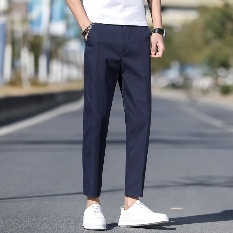 Spring Summer New Straight Cropped Pants Youthful Vitality Men's Clothing Korean Solid Color All-match Fashion Zipper Suit Pants
