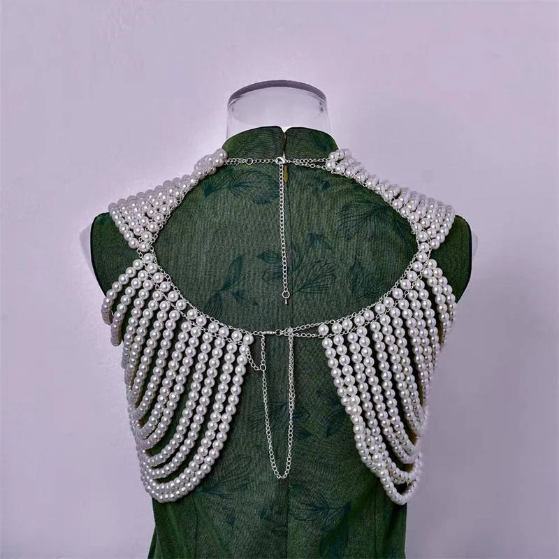 Mehrlagige Perlen-Schulterkette, Tank-Top-Körperkette für Damen, Hochzeitsfeier, Brautgurt, Schal-Halskette, Statement-Schmuck – Detail 6